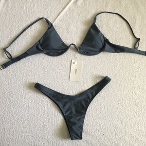 Blue underwire bikini top and thong bottom